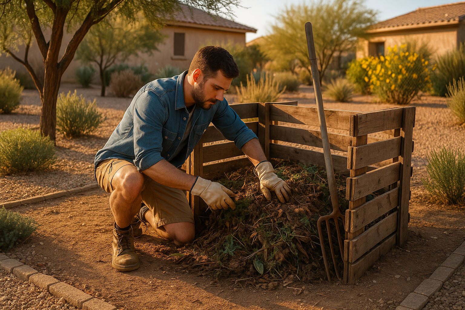 A person fixing their overheated compost pile in Gilbert