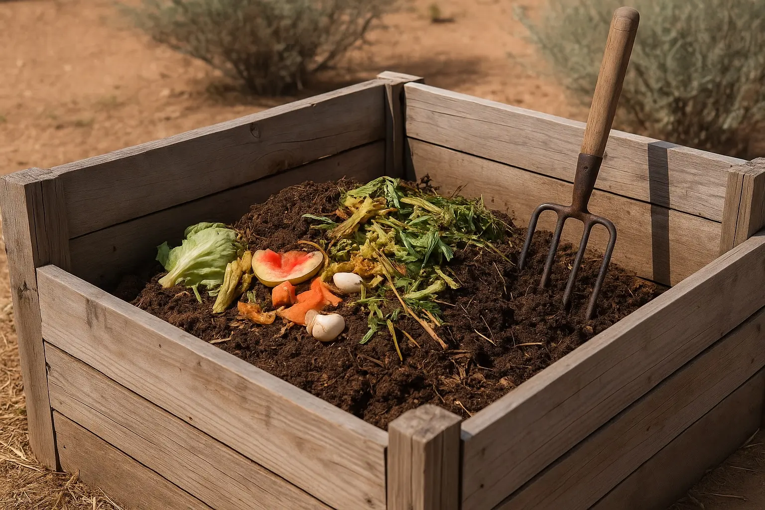 A wooden compost bin filled with decomposing fruits, vegetables, and garden scraps, set in a dry, desert-like yard with sandy soil and sparse shrubbery. A rusted garden fork rests in the pile.