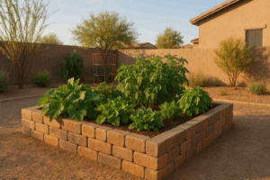 Raised bed garden thriving in Gilbert's desert heat