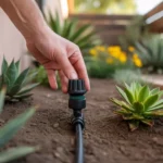 Hands adjusting drip irrigation emitter in a Gilbert backyard garden bed