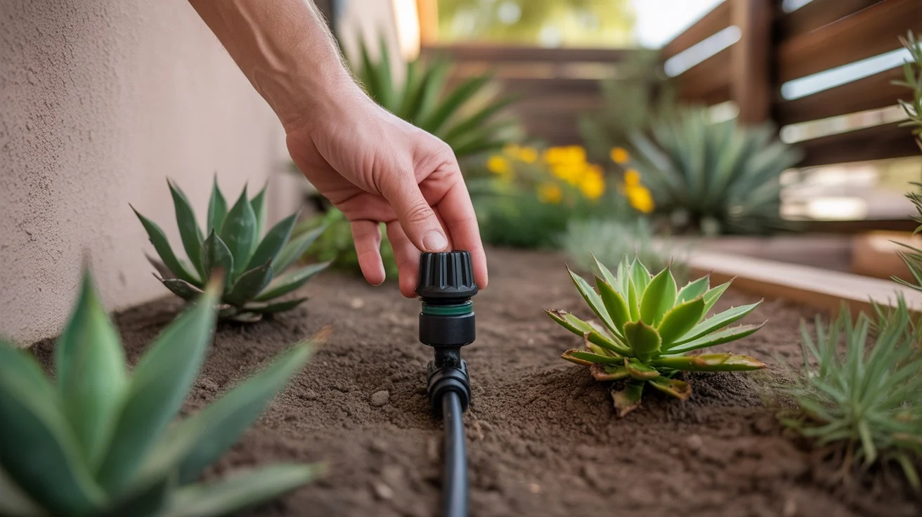 Hands adjusting drip irrigation emitter in a Gilbert backyard garden bed