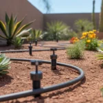 Drip irrigation tubing and emitters set up around plants in a Gilbert backyard garden