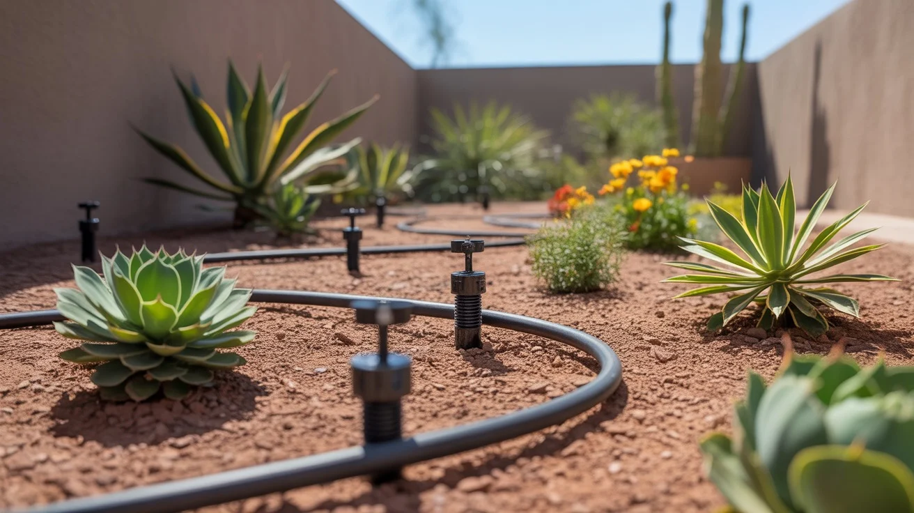 Drip irrigation tubing and emitters set up around plants in a Gilbert backyard garden