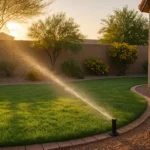 A sprinkler watering a lush yard in early Gilbert morning