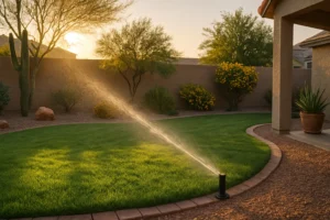 A sprinkler watering a lush yard in early Gilbert morning