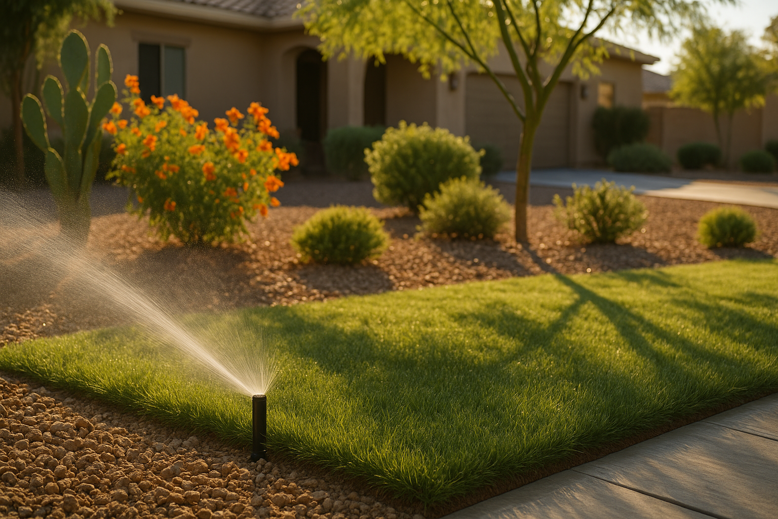A sprinkler watering a lush yard in early Gilbert morning