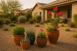 Container plants thriving in Gilbert's July heat