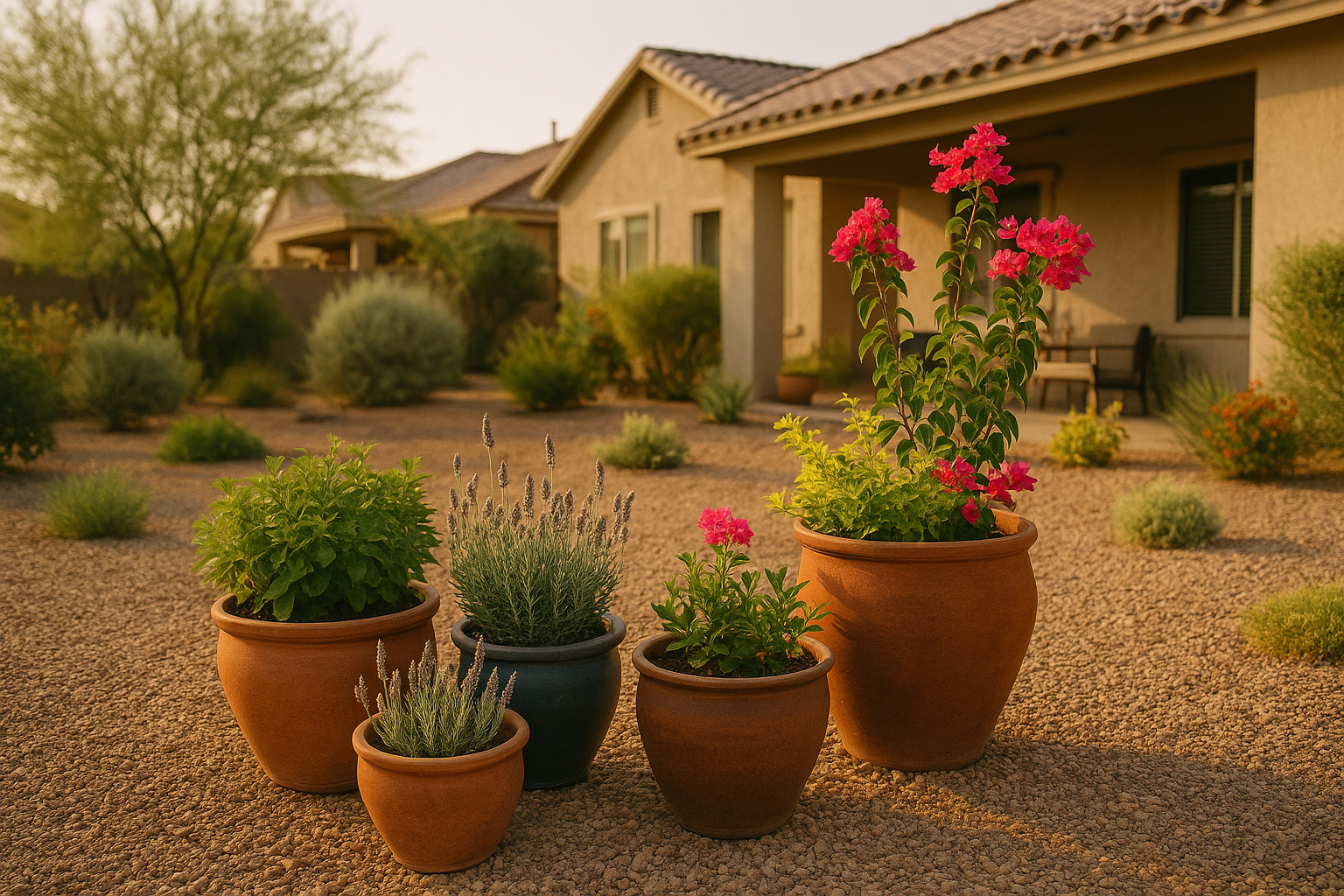Container plants thriving in Gilbert's July heat