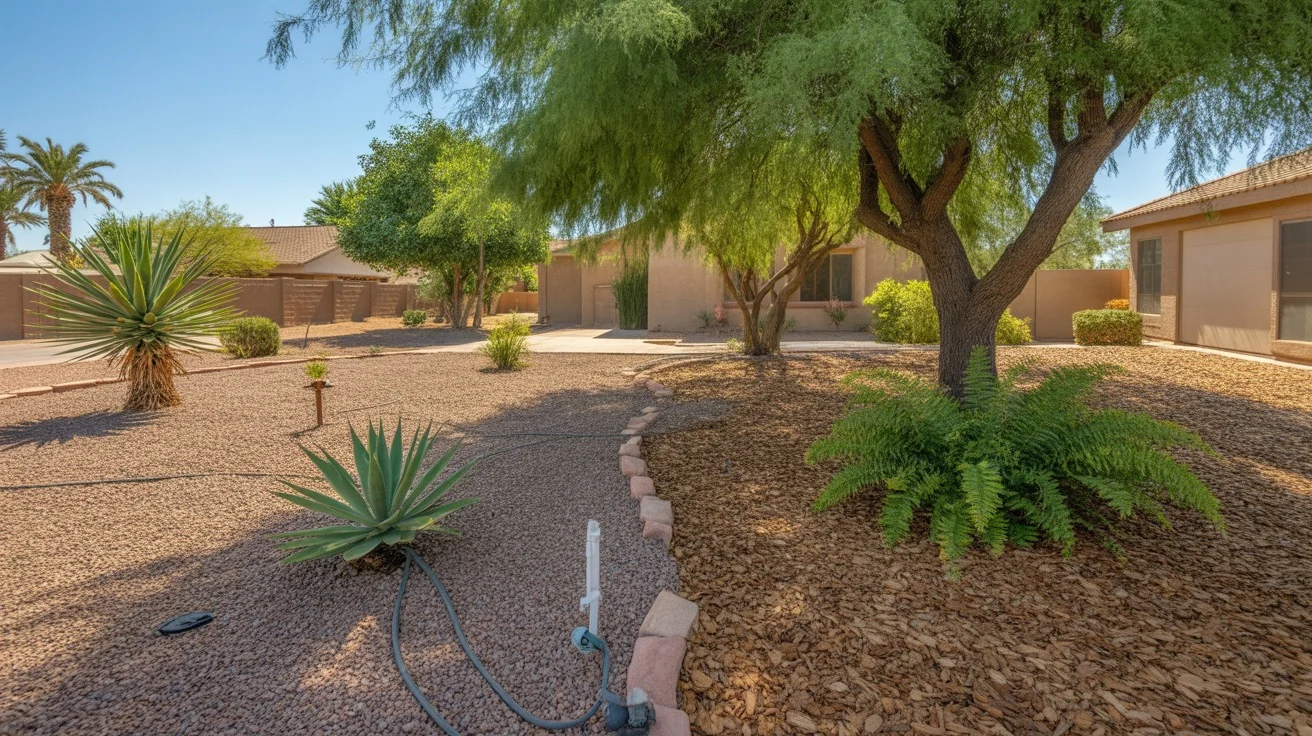 Shaded and sunny areas of a Gilbert yard with drip irrigation and mulch during a heatwave.