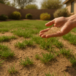 Hand spreading grass seeds on a patchy Gilbert lawn