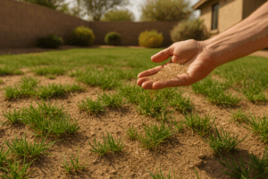 Hand spreading grass seeds on a patchy Gilbert lawn