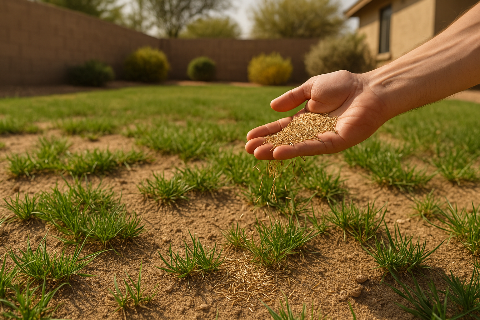 Hand spreading grass seeds on a patchy Gilbert lawn