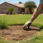 A person inspecting a brown patch in a Gilbert lawn