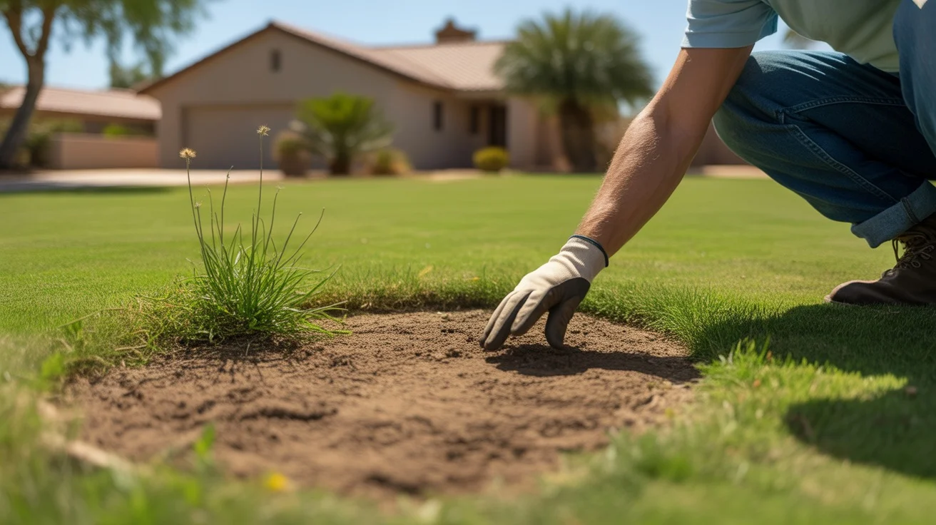 A person inspecting a brown patch in a Gilbert lawn