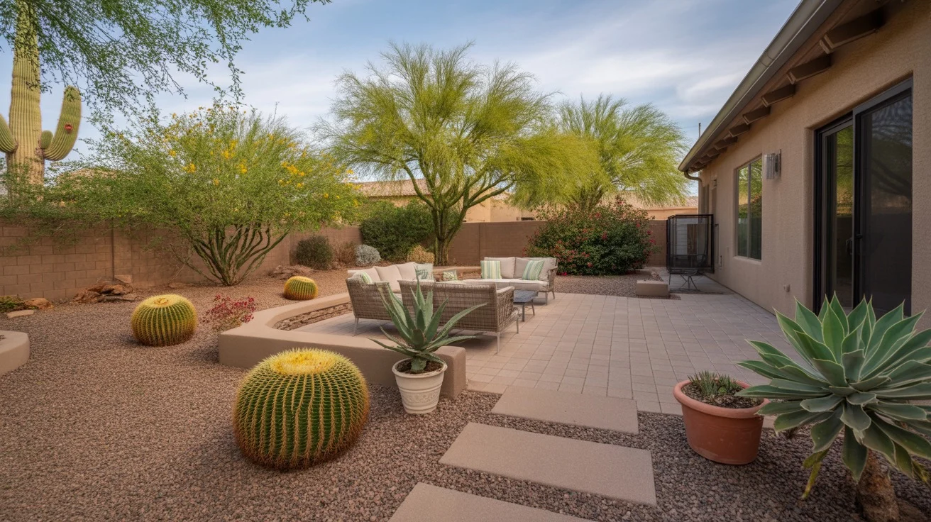 A tidy backyard patio in Gilbert after monsoon cleanup, with potted cactus and desert landscaping.