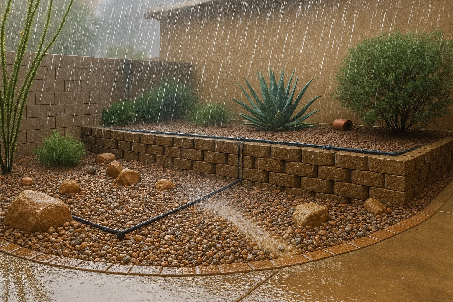 Illustration of a secured gravel bed during a monsoon in Gilbert