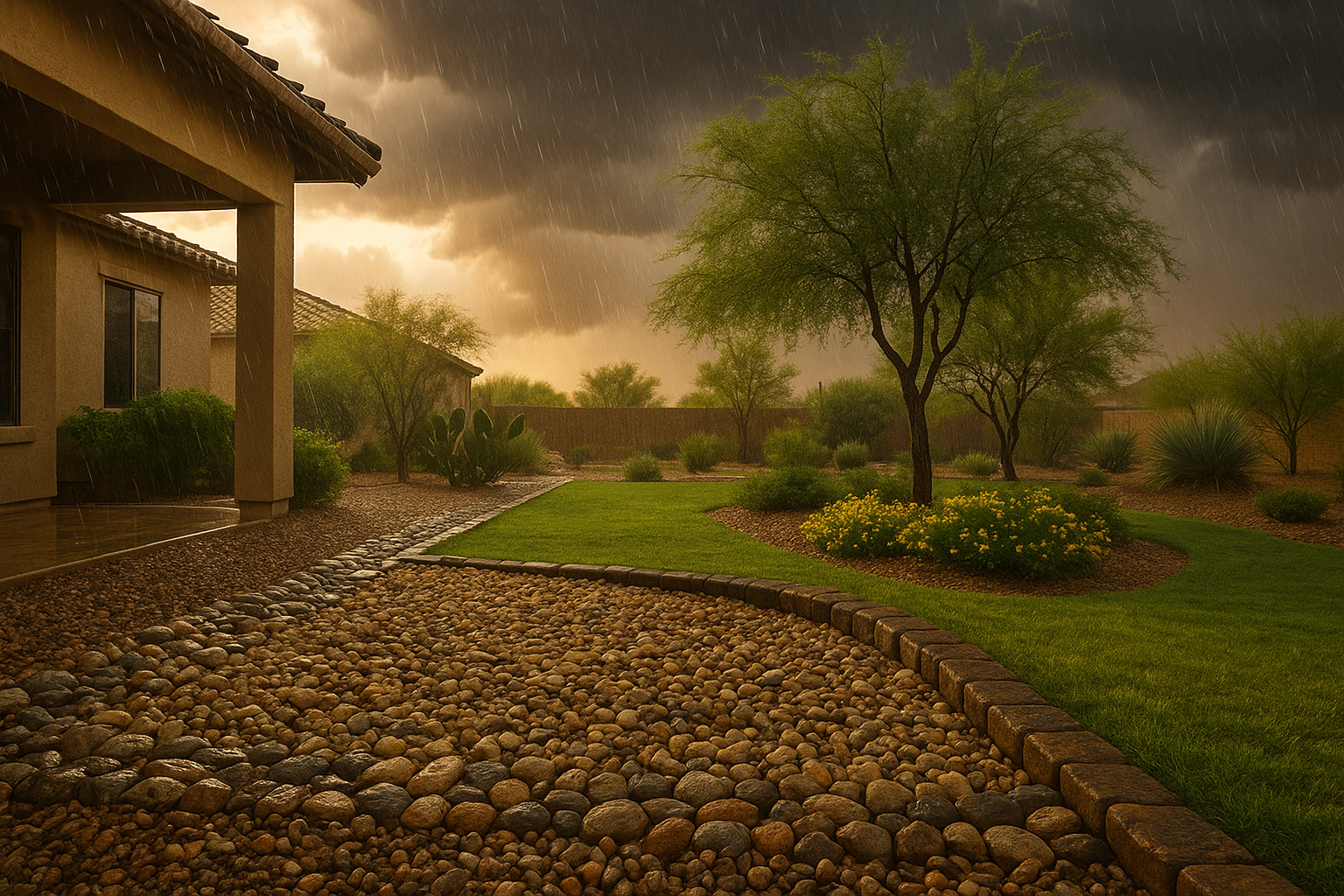 Illustration of a secured gravel bed during a monsoon in Gilbert