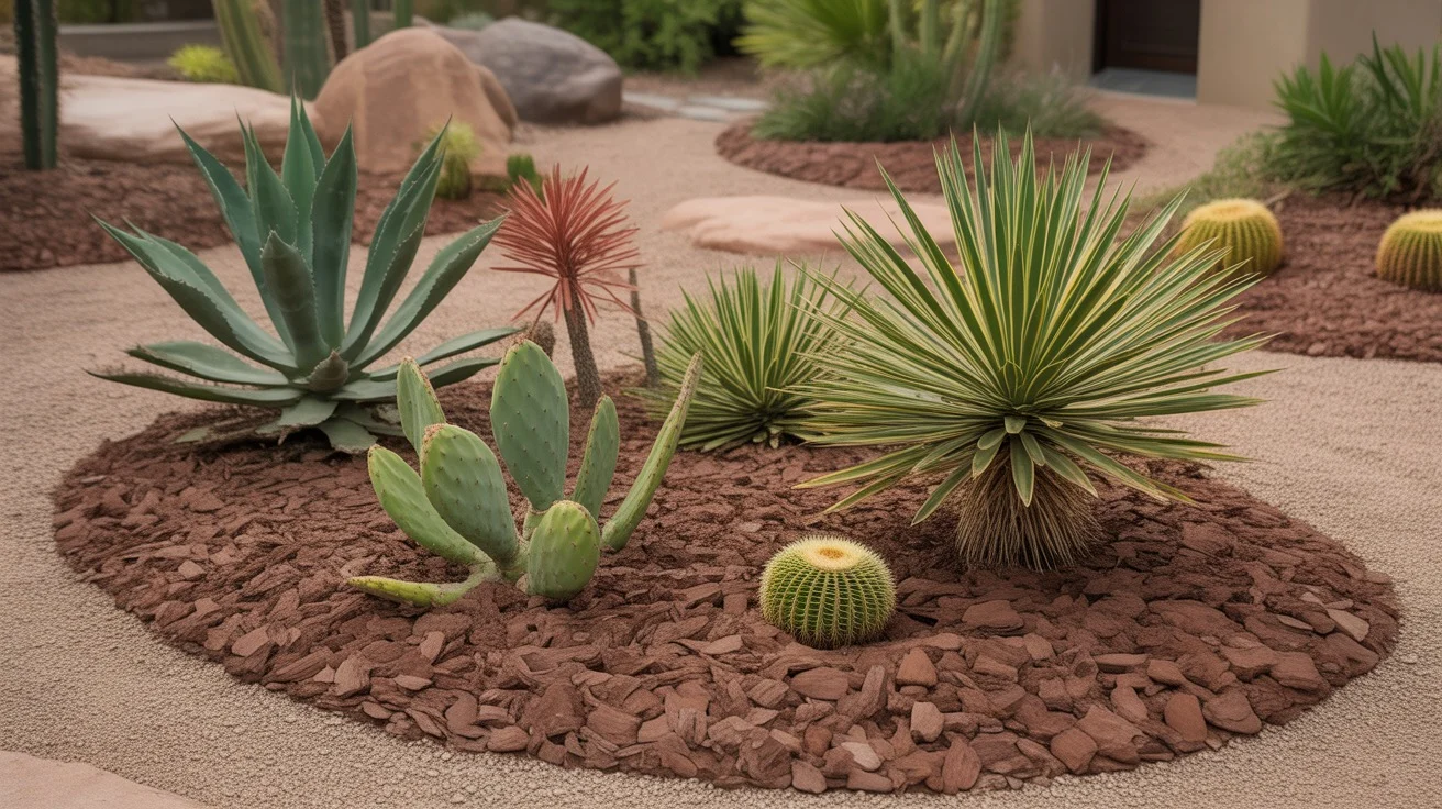 Mulch applied around desert plants in a Gilbert yard