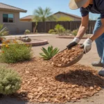 Mulch being spread around plants in a Gilbert backyard