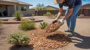 Mulch being spread around plants in a Gilbert backyard