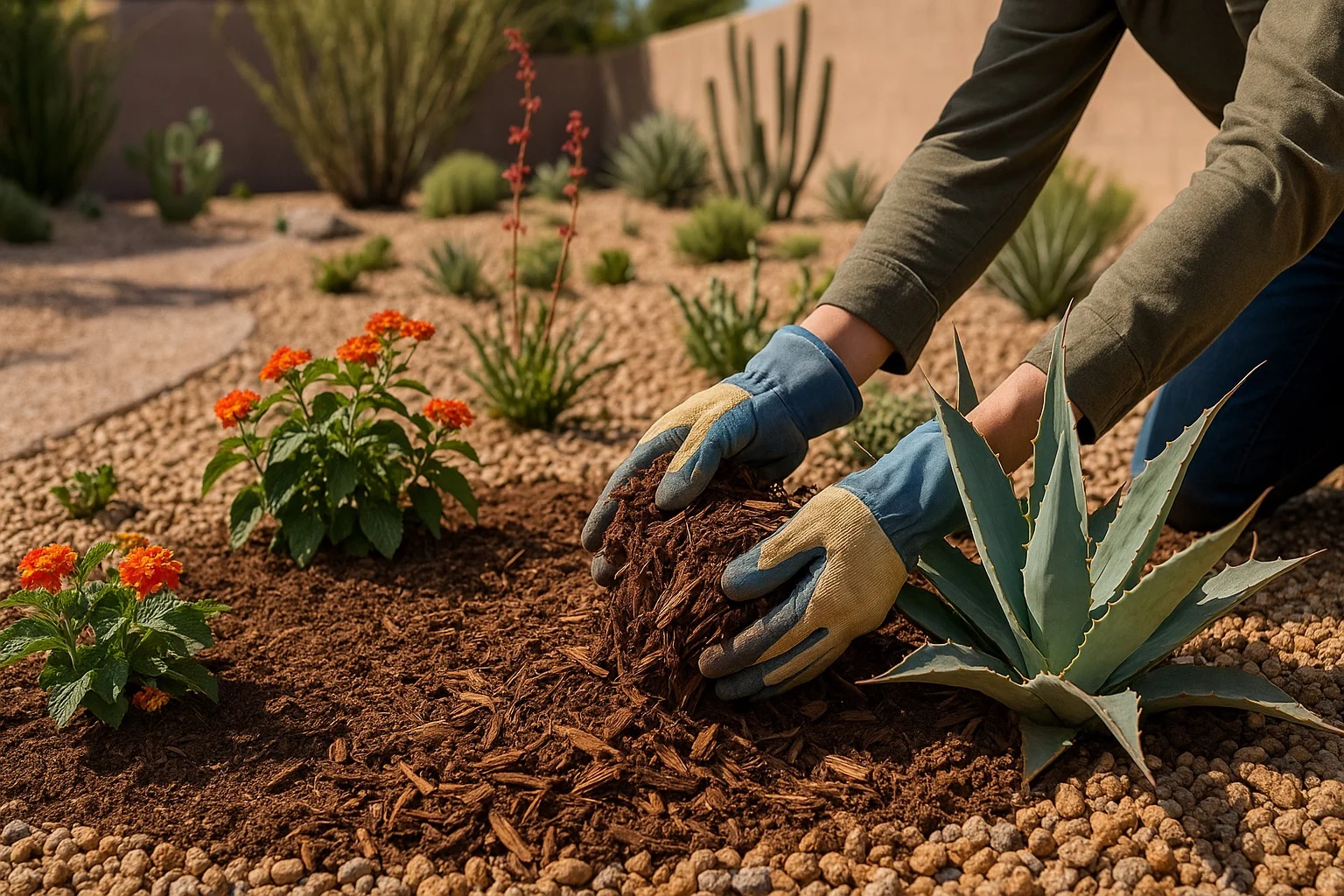 Gloved hands spreading mulch around plants in a Gilbert garden bed