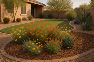 A vibrant assortment of native Gilbert wildflowers flourishing in a local yard