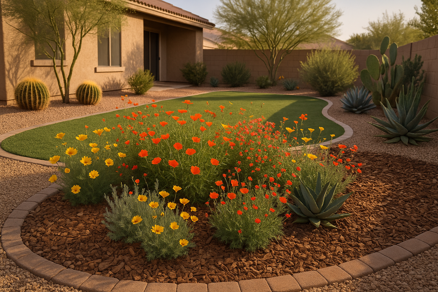 A vibrant assortment of native Gilbert wildflowers flourishing in a local yard