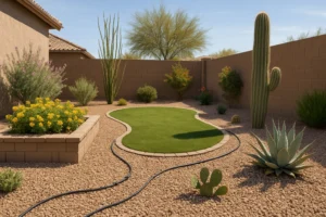 A well-irrigated garden in Gilbert in May with a drip system