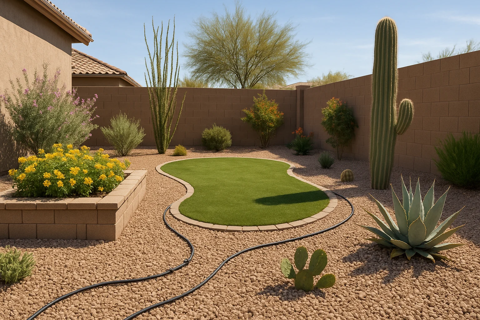 A well-irrigated garden in Gilbert in May with a drip system