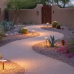 Soft path lights illuminating a gravel walkway in a Gilbert backyard