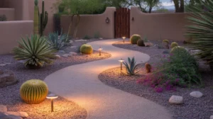 Soft path lights illuminating a gravel walkway in a Gilbert backyard