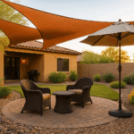 Patio in Gilbert with shade sails and umbrella