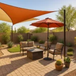Patio in Gilbert with shade sails and umbrella