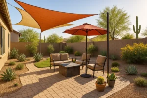Patio in Gilbert with shade sails and umbrella