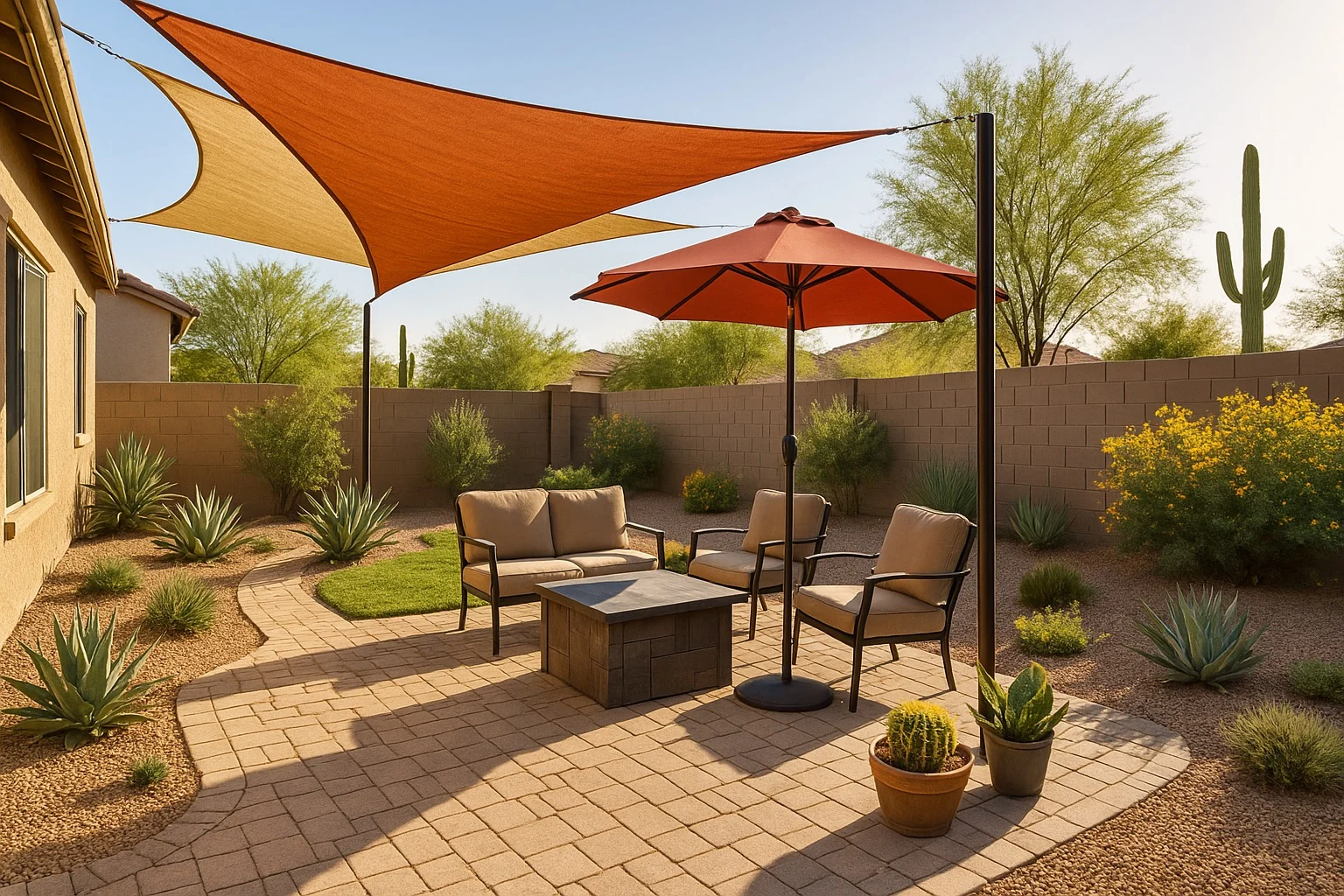 Patio in Gilbert with shade sails and umbrella