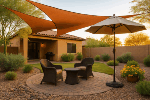 Patio in Gilbert with shade sails and umbrella