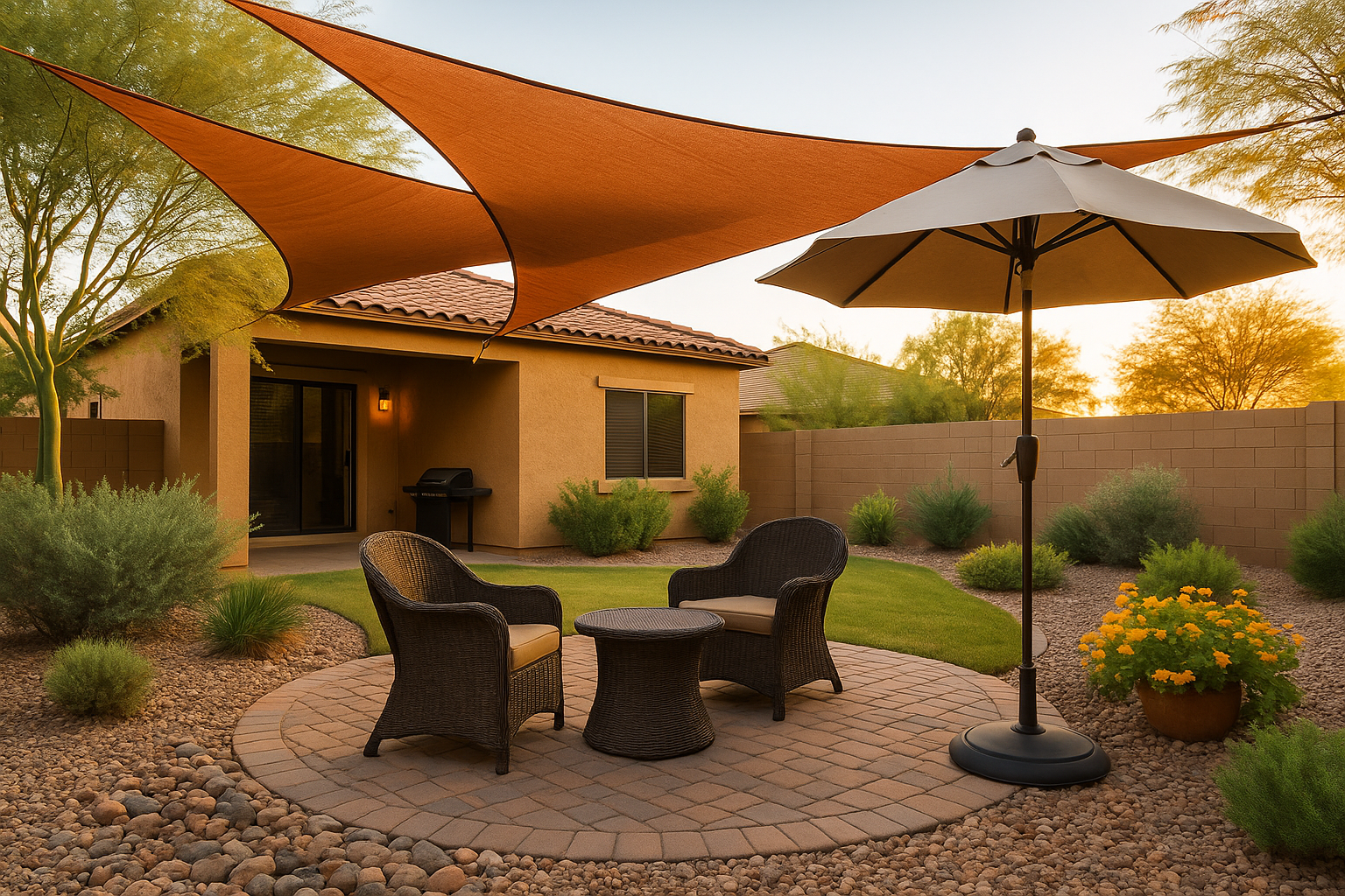 Patio in Gilbert with shade sails and umbrella