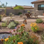 A colorful pollinator garden in Gilbert, Arizona with native desert plants and a butterfly