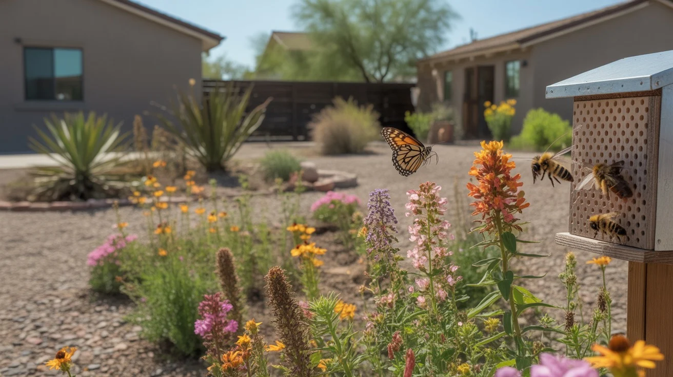 A colorful pollinator garden with blooming flowers and a butterfly