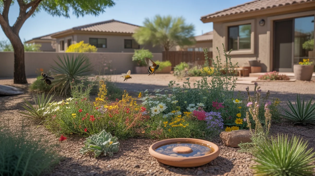 Checklist for planting a pollinator garden in a Gilbert yard, including colorful native flowers.