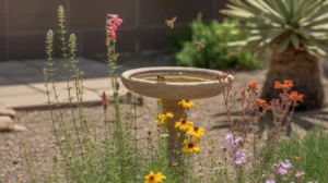 Colorful pollinator garden with native plants in a sunny Gilbert yard