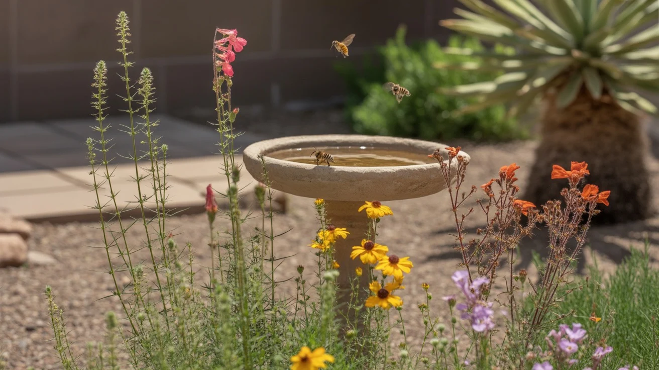 Colorful pollinator garden with native plants in a sunny Gilbert yard
