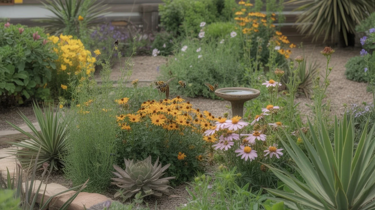 A colorful pollinator garden in a Gilbert backyard with bees and butterflies visiting native flowers