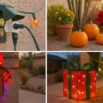 Collage of common seasonal decor mistakes in Gilbert, like overloaded outlets and clashing colors