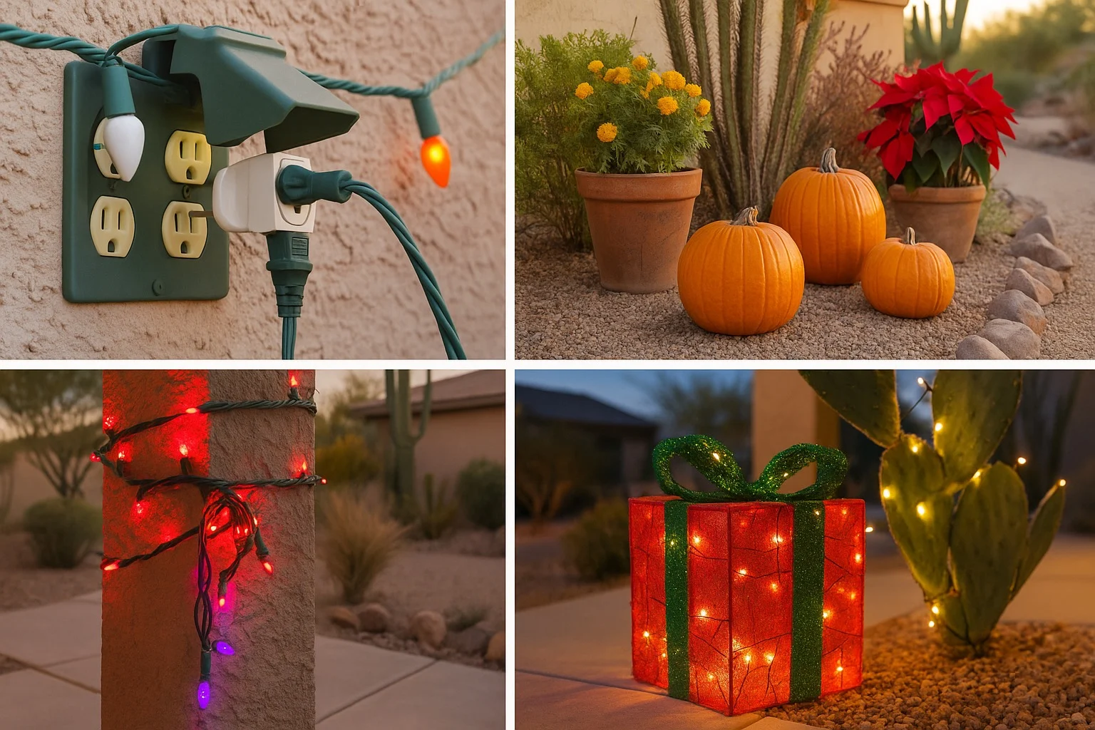 Collage of common seasonal decor mistakes in Gilbert, like overloaded outlets and clashing colors