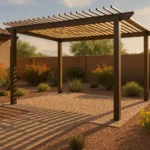Adjustable pergola with seasonal plantings providing shade in a Gilbert backyard during summer