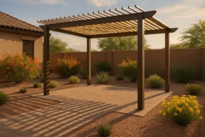 Adjustable pergola with seasonal plantings providing shade in a Gilbert backyard during summer