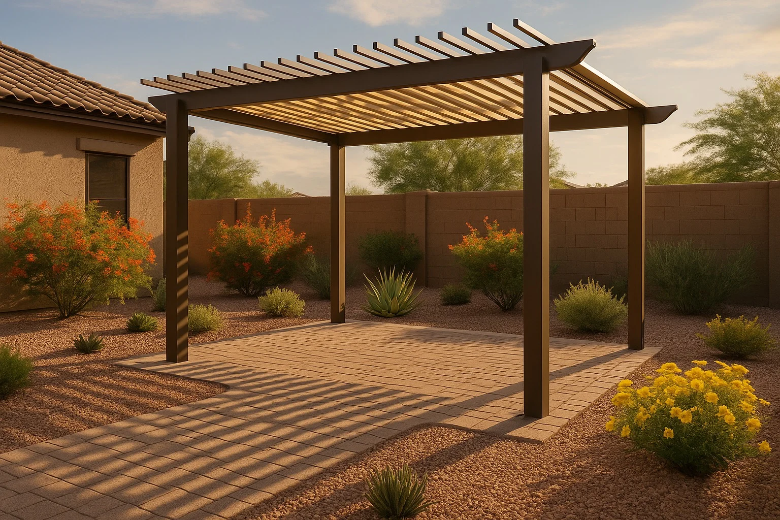Adjustable pergola with seasonal plantings providing shade in a Gilbert backyard during summer