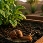 A garden snail with a brown shell crawling in a raised bed at sunset, with leafy greens and a stucco wall in the background in Gilbert, AZ.