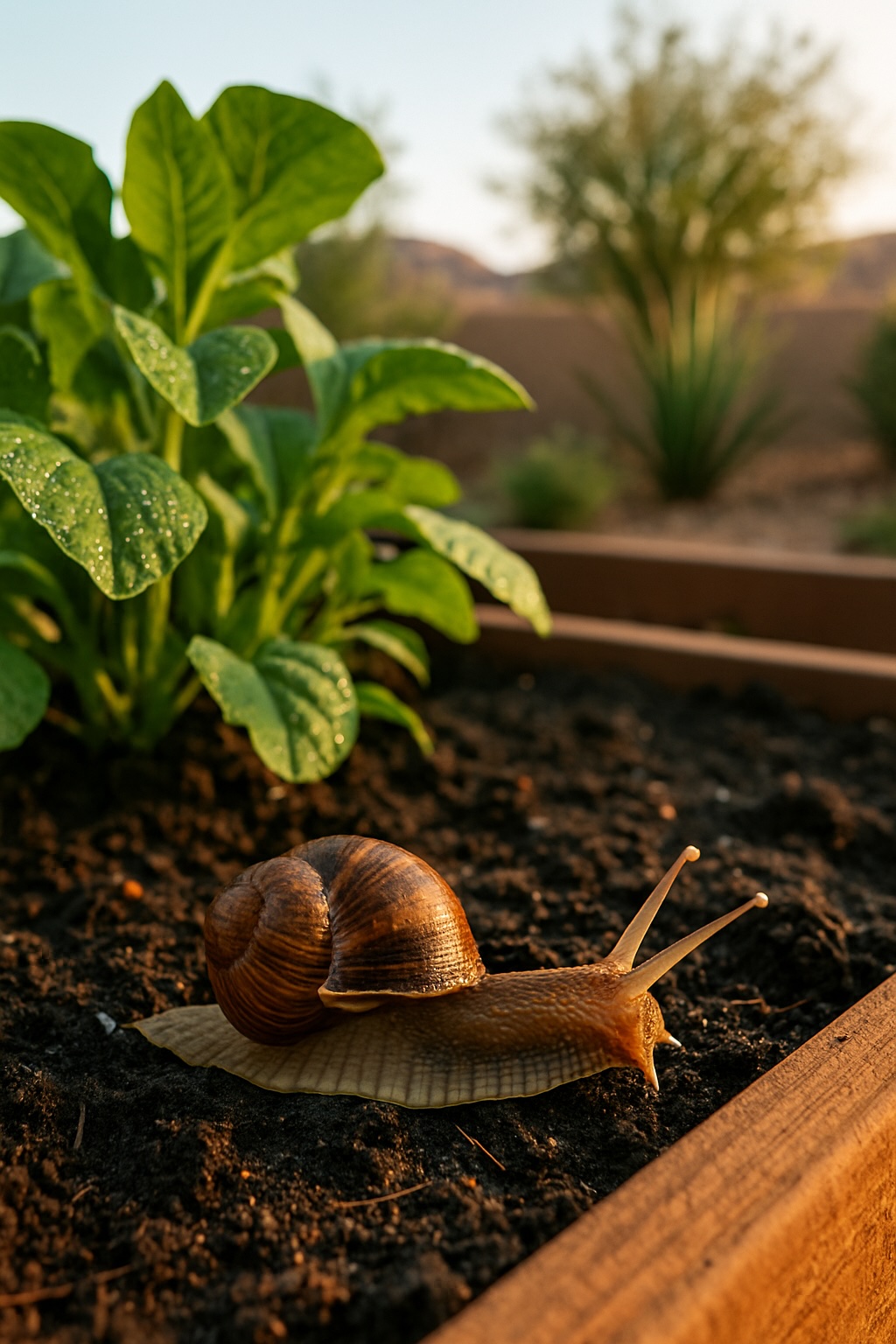 A garden snail crawling on green leaves in a damp Bellevue backyard